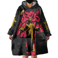 Jesus Graffiti Design Wearable Blanket Hoodie Crowned Portrait and Urban Street Art Style in Red Yellow Black Theme - Wonder Print Shop