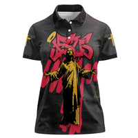 Jesus Graffiti Design Women Polo Shirt Crowned Portrait and Urban Street Art Style in Red Yellow Black Theme - Wonder Print Shop