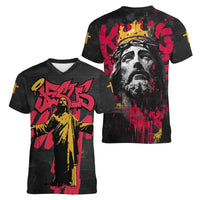 Jesus Graffiti Design Women V-Neck T-Shirt Crowned Portrait and Urban Street Art Style in Red Yellow Black Theme - Wonder Print Shop