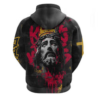 Jesus Graffiti Design Zip Hoodie Crowned Portrait and Urban Street Art Style in Red Yellow Black Theme - Wonder Print Shop