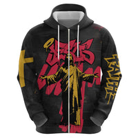 Jesus Graffiti Design Zip Hoodie Crowned Portrait and Urban Street Art Style in Red Yellow Black Theme - Wonder Print Shop