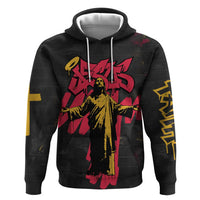 Jesus Graffiti Design Zip Hoodie Crowned Portrait and Urban Street Art Style in Red Yellow Black Theme - Wonder Print Shop