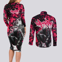 Hip Hop Graffiti Design Couples Matching Long Sleeve Bodycon Dress and Long Sleeve Button Shirt Sitting Hooded Figure and Red Black Street Art Elements - Wonder Print Shop