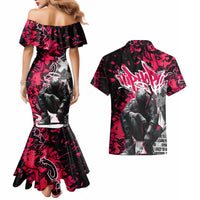 Hip Hop Graffiti Design Couples Matching Mermaid Dress and Hawaiian Shirt Sitting Hooded Figure and Red Black Street Art Elements - Wonder Print Shop