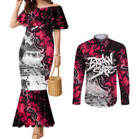 Hip Hop Graffiti Design Couples Matching Mermaid Dress and Long Sleeve Button Shirt Sitting Hooded Figure and Red Black Street Art Elements - Wonder Print Shop