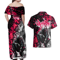 Hip Hop Graffiti Design Couples Matching Off Shoulder Maxi Dress and Hawaiian Shirt Sitting Hooded Figure and Red Black Street Art Elements - Wonder Print Shop