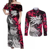 Hip Hop Graffiti Design Couples Matching Off Shoulder Maxi Dress and Long Sleeve Button Shirt Sitting Hooded Figure and Red Black Street Art Elements - Wonder Print Shop