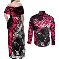 Hip Hop Graffiti Design Couples Matching Off Shoulder Maxi Dress and Long Sleeve Button Shirt Sitting Hooded Figure and Red Black Street Art Elements - Wonder Print Shop