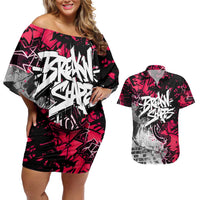 Hip Hop Graffiti Design Couples Matching Off Shoulder Short Dress and Hawaiian Shirt Sitting Hooded Figure and Red Black Street Art Elements - Wonder Print Shop