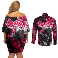 Hip Hop Graffiti Design Couples Matching Off Shoulder Short Dress and Long Sleeve Button Shirt Sitting Hooded Figure and Red Black Street Art Elements - Wonder Print Shop