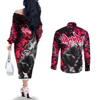 Hip Hop Graffiti Design Couples Matching Off The Shoulder Long Sleeve Dress and Long Sleeve Button Shirt Sitting Hooded Figure and Red Black Street Art Elements - Wonder Print Shop