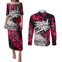 Hip Hop Graffiti Design Couples Matching Puletasi and Long Sleeve Button Shirt Sitting Hooded Figure and Red Black Street Art Elements - Wonder Print Shop