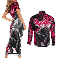 Hip Hop Graffiti Design Couples Matching Short Sleeve Bodycon Dress and Long Sleeve Button Shirt Sitting Hooded Figure and Red Black Street Art Elements - Wonder Print Shop