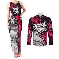 Hip Hop Graffiti Design Couples Matching Tank Maxi Dress and Long Sleeve Button Shirt Sitting Hooded Figure and Red Black Street Art Elements - Wonder Print Shop