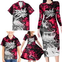 Hip Hop Graffiti Design Family Matching Long Sleeve Bodycon Dress and Hawaiian Shirt Sitting Hooded Figure and Red Black Street Art Elements - Wonder Print Shop
