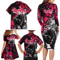 Hip Hop Graffiti Design Family Matching Long Sleeve Bodycon Dress and Hawaiian Shirt Sitting Hooded Figure and Red Black Street Art Elements - Wonder Print Shop