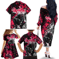 Hip Hop Graffiti Design Family Matching Off The Shoulder Long Sleeve Dress and Hawaiian Shirt Sitting Hooded Figure and Red Black Street Art Elements - Wonder Print Shop