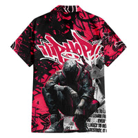 Hip Hop Graffiti Design Family Matching Off The Shoulder Long Sleeve Dress and Hawaiian Shirt Sitting Hooded Figure and Red Black Street Art Elements - Wonder Print Shop
