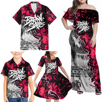 Hip Hop Graffiti Design Family Matching Off Shoulder Maxi Dress and Hawaiian Shirt Sitting Hooded Figure and Red Black Street Art Elements - Wonder Print Shop