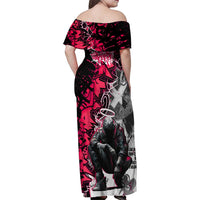 Hip Hop Graffiti Design Family Matching Off Shoulder Maxi Dress and Hawaiian Shirt Sitting Hooded Figure and Red Black Street Art Elements - Wonder Print Shop