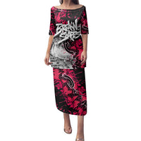 Hip Hop Graffiti Design Family Matching Puletasi and Hawaiian Shirt Sitting Hooded Figure and Red Black Street Art Elements - Wonder Print Shop