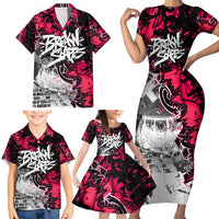 Hip Hop Graffiti Design Family Matching Short Sleeve Bodycon Dress and Hawaiian Shirt Sitting Hooded Figure and Red Black Street Art Elements - Wonder Print Shop