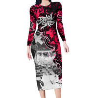 Hip Hop Graffiti Design Long Sleeve Bodycon Dress Sitting Hooded Figure and Red Black Street Art Elements - Wonder Print Shop