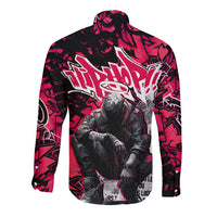Hip Hop Graffiti Design Long Sleeve Button Shirt Sitting Hooded Figure and Red Black Street Art Elements - Wonder Print Shop