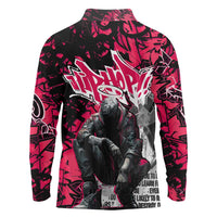 Hip Hop Graffiti Design Long Sleeve Polo Shirt Sitting Hooded Figure and Red Black Street Art Elements - Wonder Print Shop