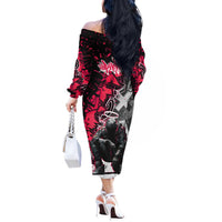 Hip Hop Graffiti Design Off The Shoulder Long Sleeve Dress Sitting Hooded Figure and Red Black Street Art Elements - Wonder Print Shop