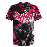 Hip Hop Graffiti Design Rugby Jersey Sitting Hooded Figure and Red Black Street Art Elements - Wonder Print Shop