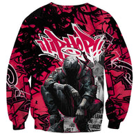 Hip Hop Graffiti Design Sweatshirt Sitting Hooded Figure and Red Black Street Art Elements - Wonder Print Shop