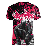 Hip Hop Graffiti Design Women V-Neck T-Shirt Sitting Hooded Figure and Red Black Street Art Elements - Wonder Print Shop