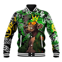 Graffiti Street Art Baseball Jacket Smoking Ape Character and Neon Crown Symbols in Green and Yellow Graphic Design - Wonder Print Shop