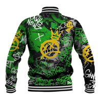 Graffiti Street Art Baseball Jacket Smoking Ape Character and Neon Crown Symbols in Green and Yellow Graphic Design - Wonder Print Shop