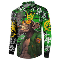 Graffiti Street Art Button Sweatshirt Smoking Ape Character and Neon Crown Symbols in Green and Yellow Graphic Design - Wonder Print Shop