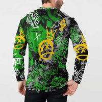 Graffiti Street Art Button Sweatshirt Smoking Ape Character and Neon Crown Symbols in Green and Yellow Graphic Design - Wonder Print Shop