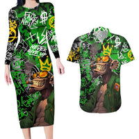 Graffiti Street Art Couples Matching Long Sleeve Bodycon Dress and Hawaiian Shirt Smoking Ape Character and Neon Crown Symbols in Green and Yellow Graphic Design - Wonder Print Shop