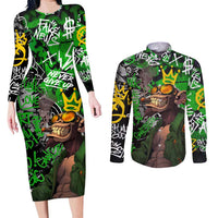 Graffiti Street Art Couples Matching Long Sleeve Bodycon Dress and Long Sleeve Button Shirt Smoking Ape Character and Neon Crown Symbols in Green and Yellow Graphic Design - Wonder Print Shop