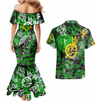 Graffiti Street Art Couples Matching Mermaid Dress and Hawaiian Shirt Smoking Ape Character and Neon Crown Symbols in Green and Yellow Graphic Design - Wonder Print Shop