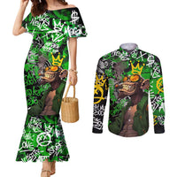 Graffiti Street Art Couples Matching Mermaid Dress and Long Sleeve Button Shirt Smoking Ape Character and Neon Crown Symbols in Green and Yellow Graphic Design - Wonder Print Shop
