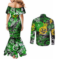 Graffiti Street Art Couples Matching Mermaid Dress and Long Sleeve Button Shirt Smoking Ape Character and Neon Crown Symbols in Green and Yellow Graphic Design - Wonder Print Shop