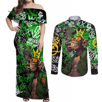 Graffiti Street Art Couples Matching Off Shoulder Maxi Dress and Long Sleeve Button Shirt Smoking Ape Character and Neon Crown Symbols in Green and Yellow Graphic Design - Wonder Print Shop