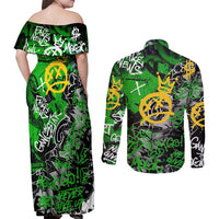 Graffiti Street Art Couples Matching Off Shoulder Maxi Dress and Long Sleeve Button Shirt Smoking Ape Character and Neon Crown Symbols in Green and Yellow Graphic Design - Wonder Print Shop