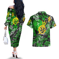 Graffiti Street Art Couples Matching Off The Shoulder Long Sleeve Dress and Hawaiian Shirt Smoking Ape Character and Neon Crown Symbols in Green and Yellow Graphic Design - Wonder Print Shop
