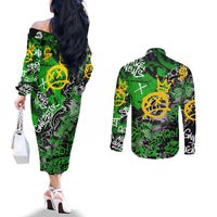 Graffiti Street Art Couples Matching Off The Shoulder Long Sleeve Dress and Long Sleeve Button Shirt Smoking Ape Character and Neon Crown Symbols in Green and Yellow Graphic Design - Wonder Print Shop