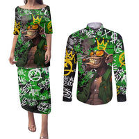 Graffiti Street Art Couples Matching Puletasi and Long Sleeve Button Shirt Smoking Ape Character and Neon Crown Symbols in Green and Yellow Graphic Design - Wonder Print Shop