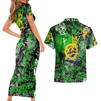 Graffiti Street Art Couples Matching Short Sleeve Bodycon Dress and Hawaiian Shirt Smoking Ape Character and Neon Crown Symbols in Green and Yellow Graphic Design - Wonder Print Shop