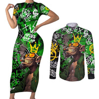 Graffiti Street Art Couples Matching Short Sleeve Bodycon Dress and Long Sleeve Button Shirt Smoking Ape Character and Neon Crown Symbols in Green and Yellow Graphic Design - Wonder Print Shop