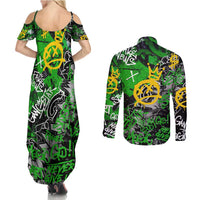 Graffiti Street Art Couples Matching Summer Maxi Dress and Long Sleeve Button Shirt Smoking Ape Character and Neon Crown Symbols in Green and Yellow Graphic Design - Wonder Print Shop